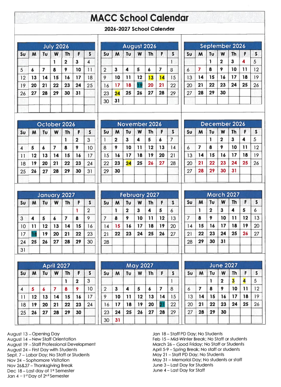 The 2026-2027 MACC Calendar.